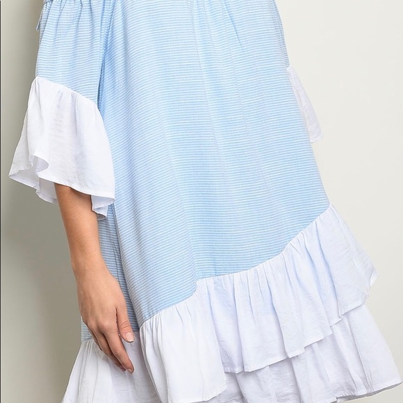 ❌DONATED❌Blue Stripe Off The Shoulders Oversized Flowy Ruffle Hem Dress - Picture 2 of 9